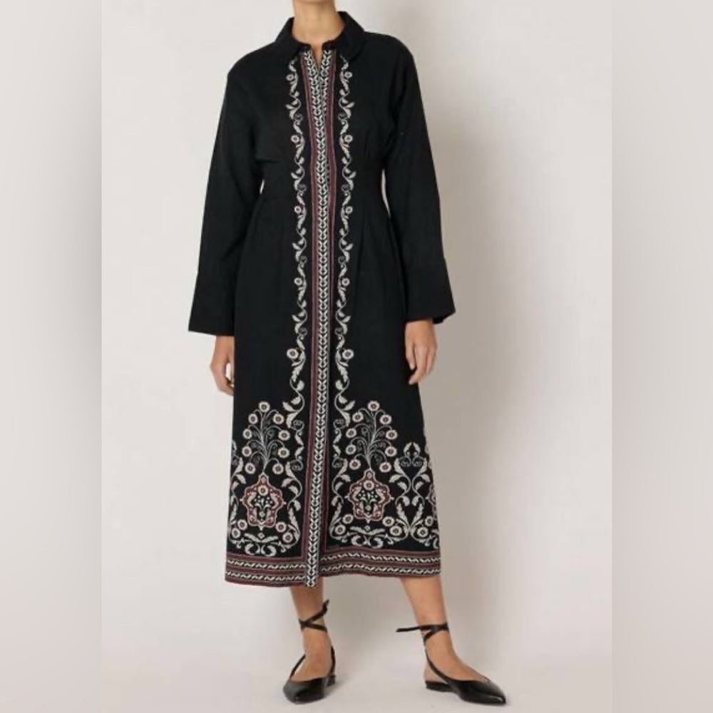 Cleobella Mirella Placed Print Long Sleeve Cotton & Linen Midi Dress NWT Size XS